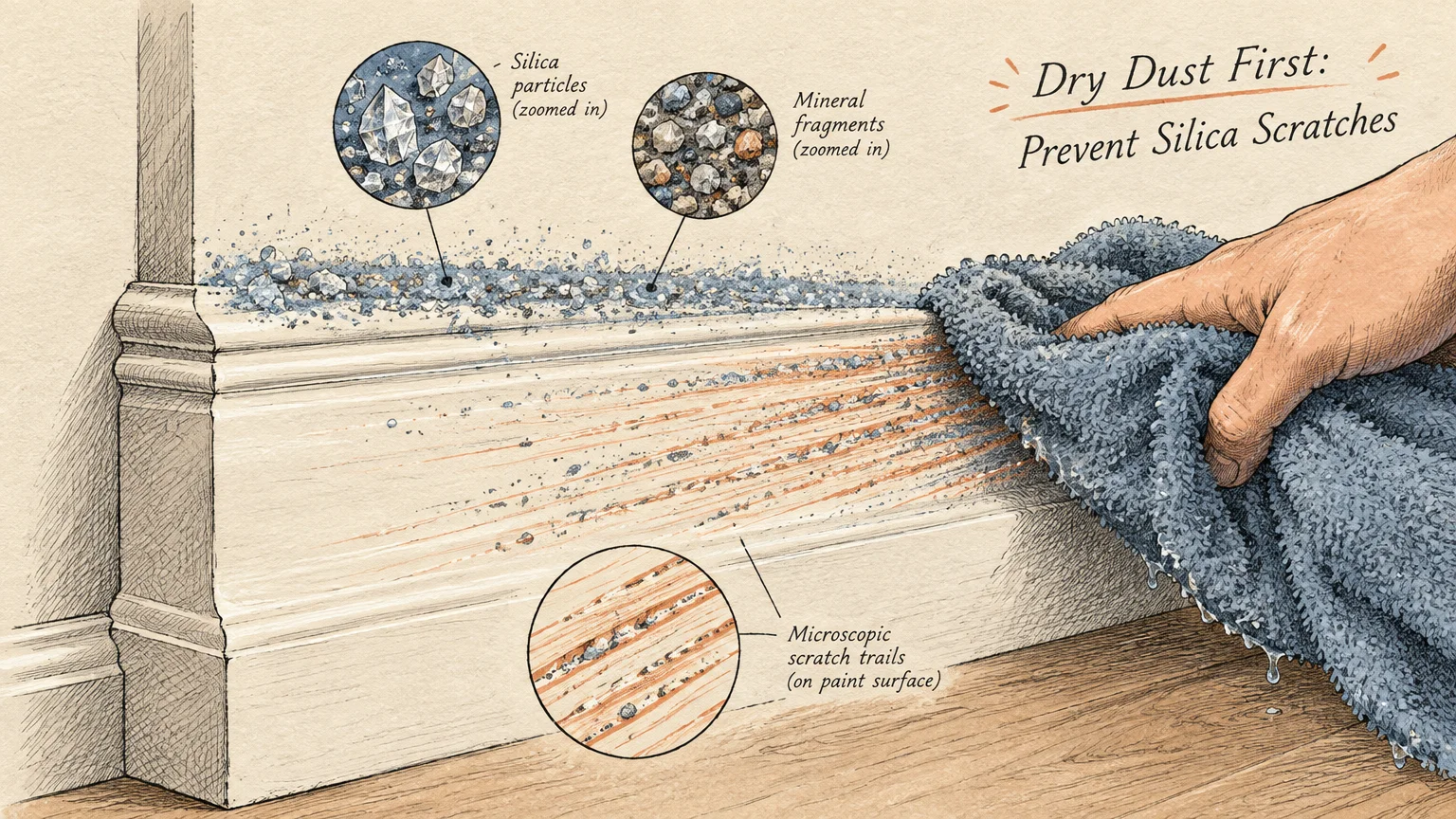 Illustration of a wet rag wiping dusty baseboard trim, leaving scratches, with callouts showing gritty silica and minerals.