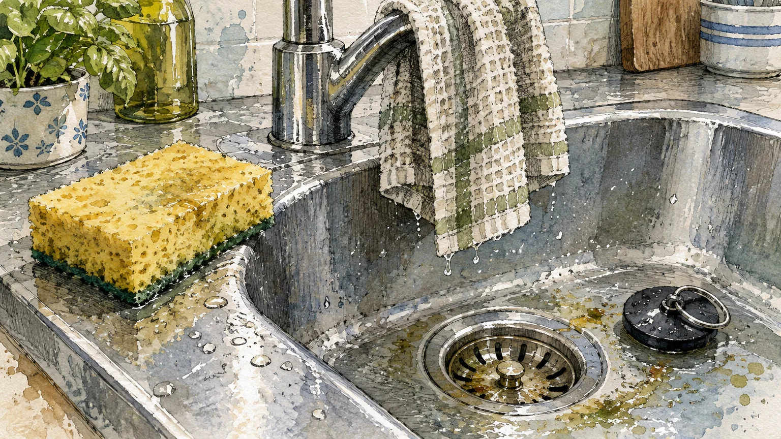 Watercolor illustration of a kitchen sink with a yellow sponge, dripping towel on the faucet, and a drain plug.
