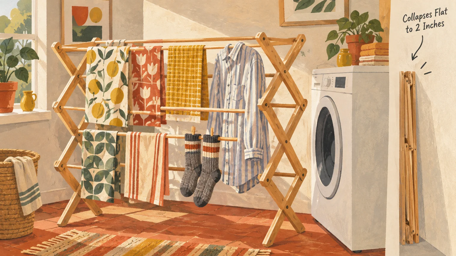 Wooden accordion drying rack holding clothes in a laundry room, with a second collapsed rack tucked beside the wall.