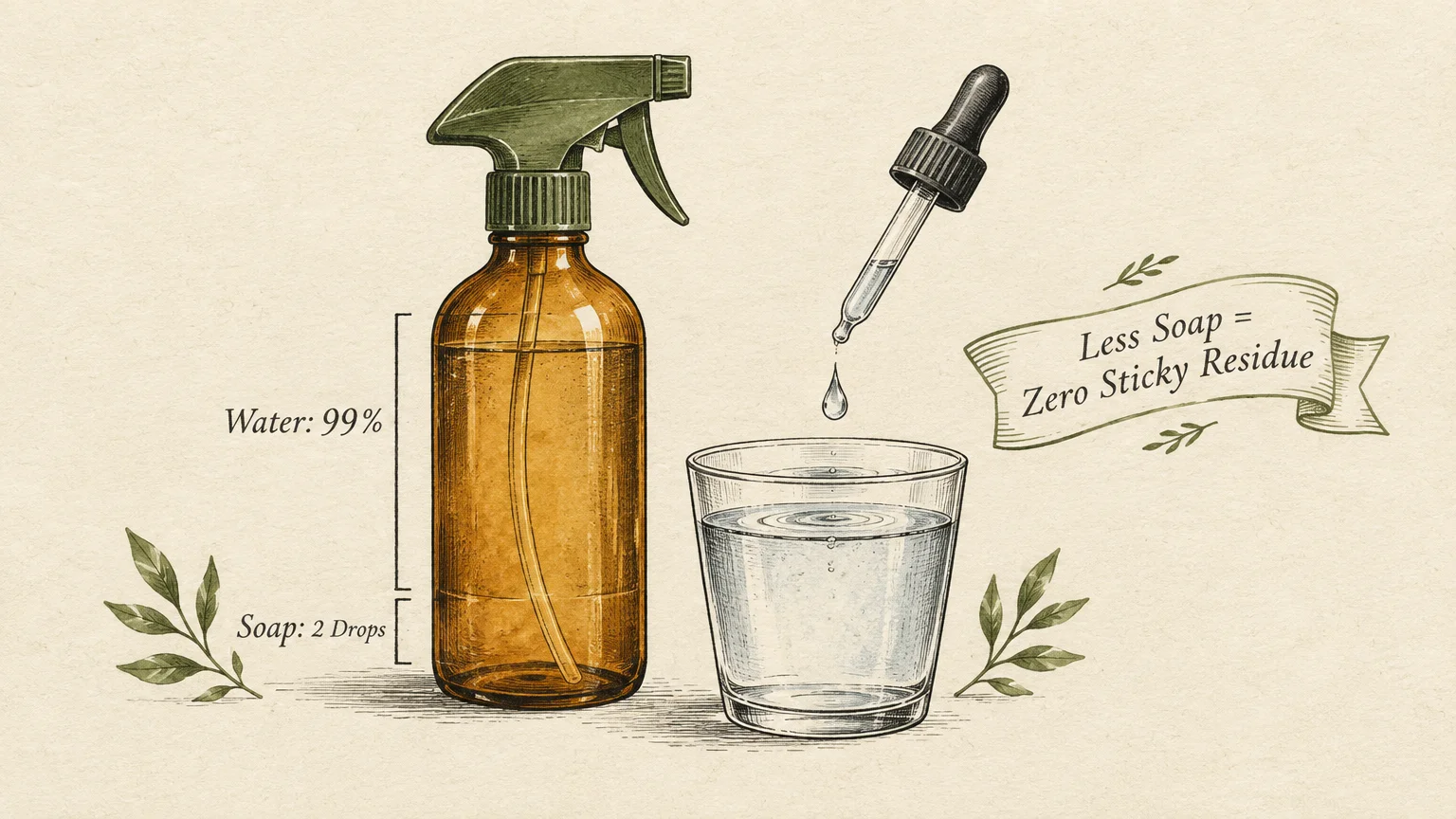 Illustration of an amber spray bottle next to a glass of water, an eye dropper, and a banner reading Less Soap.