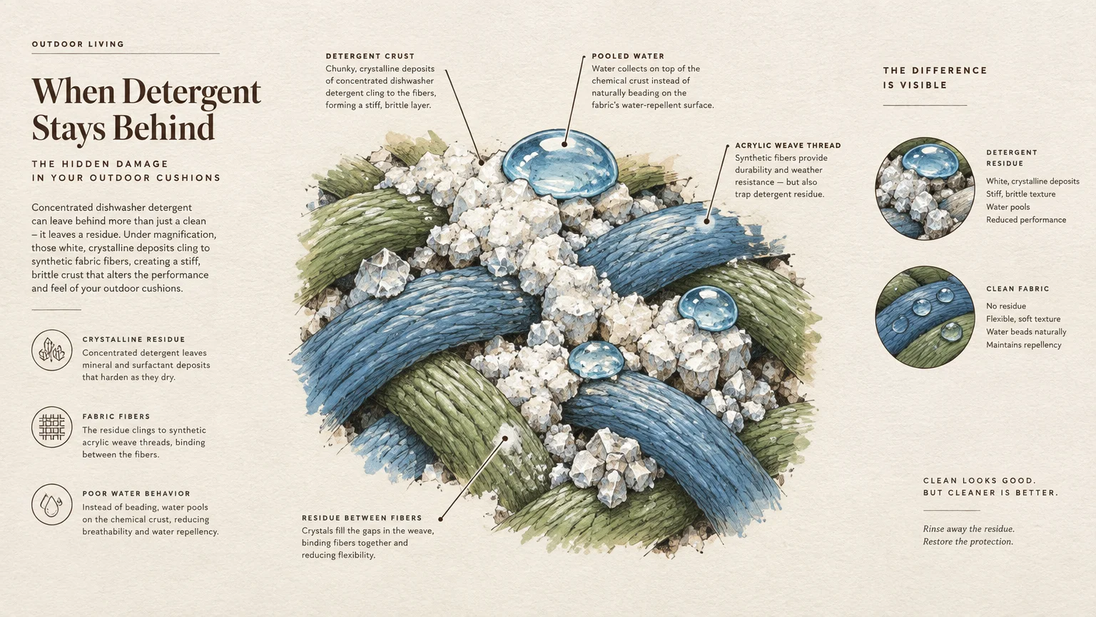 Diagram of woven outdoor fabric fibers encrusted with crystalline detergent residue beneath pooled droplets of water.