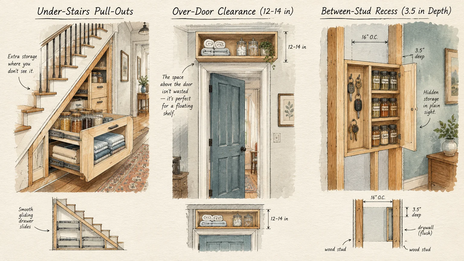 Architectural diagrams showing storage options: under-stair drawers, an over-door shelf, and a shallow between-stud cabinet.