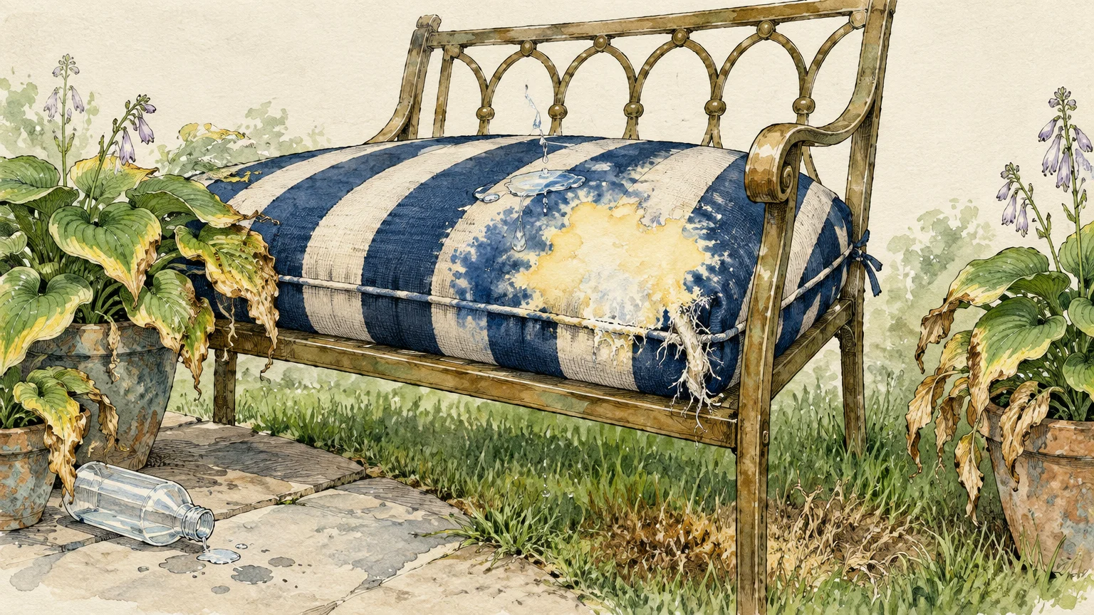 Watercolor illustration of a striped outdoor bench cushion damaged with yellow stains and fraying fabric from spilled liquid.