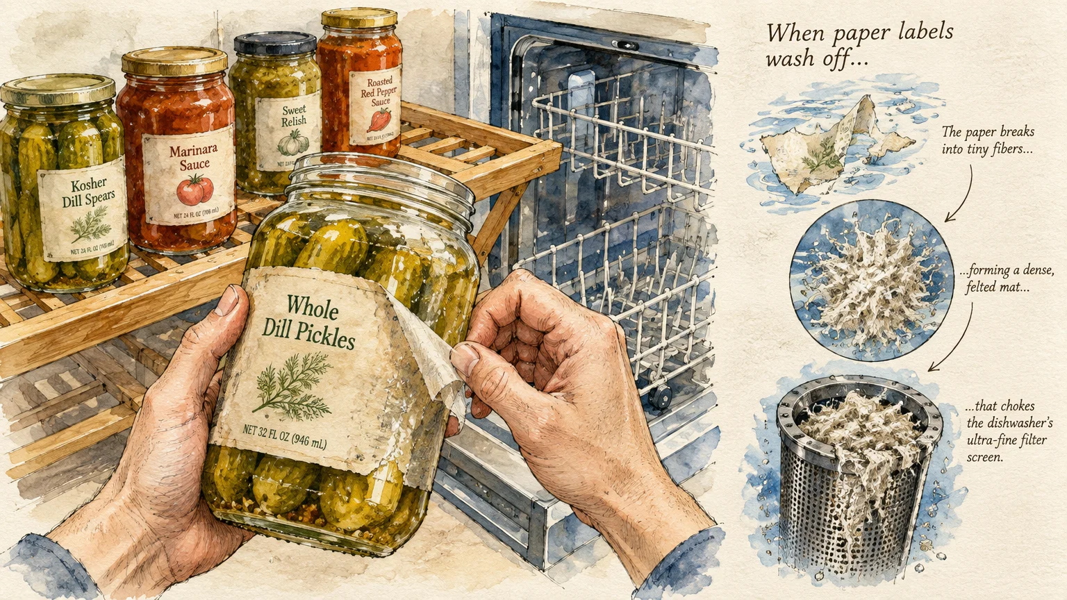 Hands peeling a label off a pickle jar beside a dishwasher, with diagrams showing dissolved paper choking a filter.