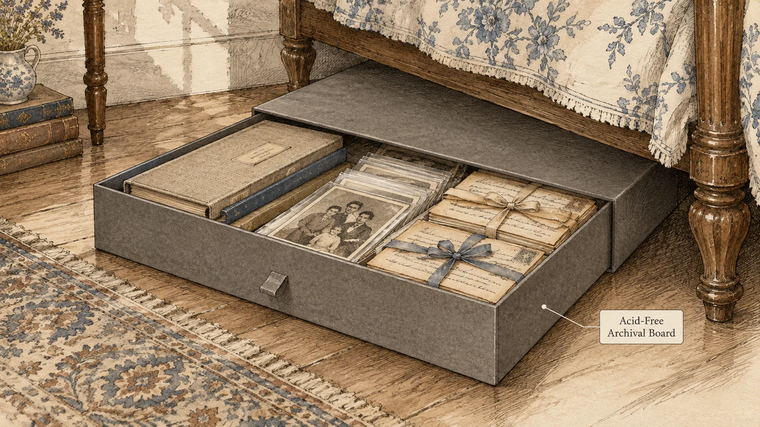 Illustration of an open gray archival storage box under a wooden bed, filled with vintage photos, books, and tied letters.