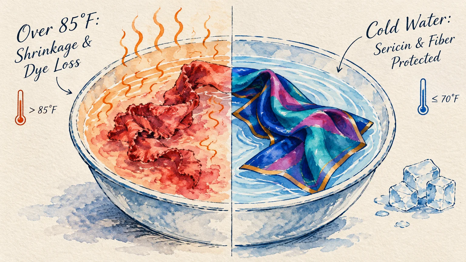 Split illustration of a wash basin comparing hot water damaging a red fabric to cold water preserving a colorful silk scarf.