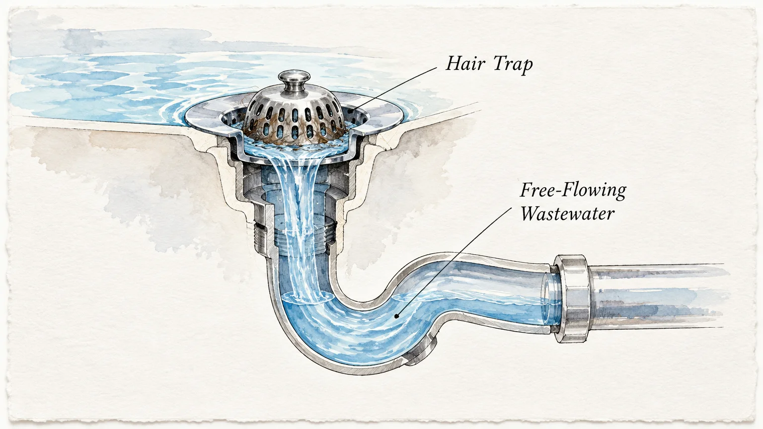 Cross-section illustration of a bathtub drain with a dome hair trap labeled with free-flowing wastewater running through pipes.