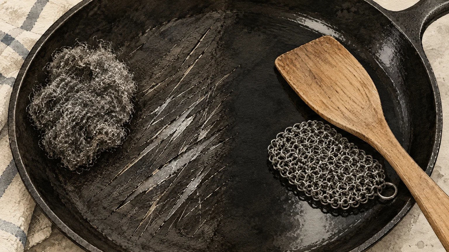 Split view of cast iron skillet: scratched surface beside steel wool, and smooth surface with chainmail and wooden spatula.