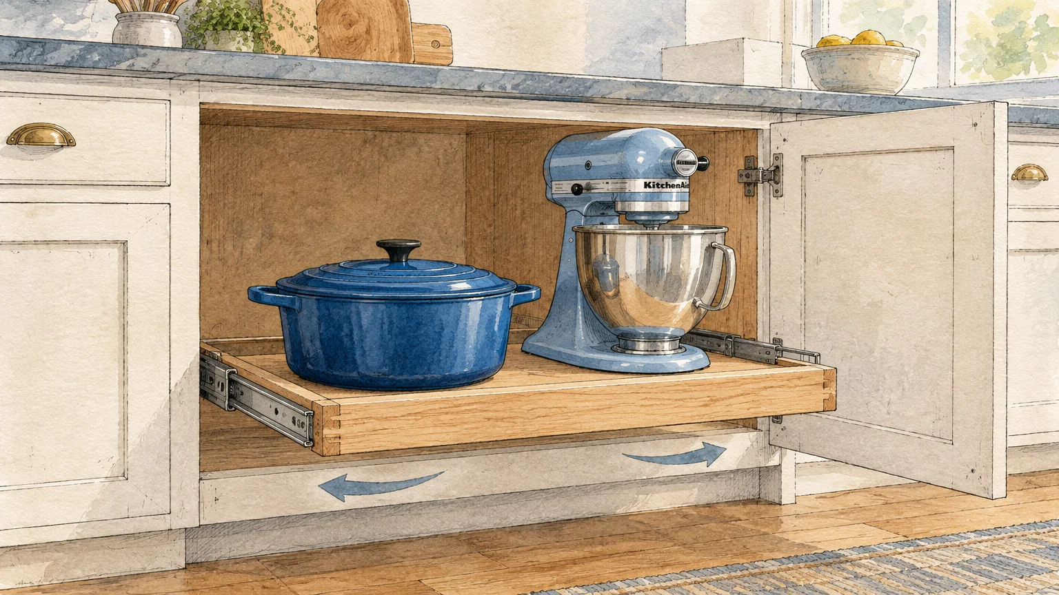 Illustration of a blue stand mixer and blue Dutch oven sitting inside an open base cabinet on a wooden roll-out shelf.
