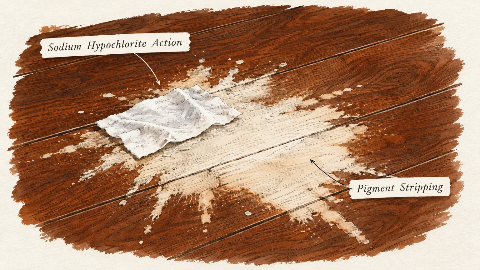 Illustration of a wet wipe on wooden floorboards surrounded by a large bleached stain with labeled arrows pointing to damage.