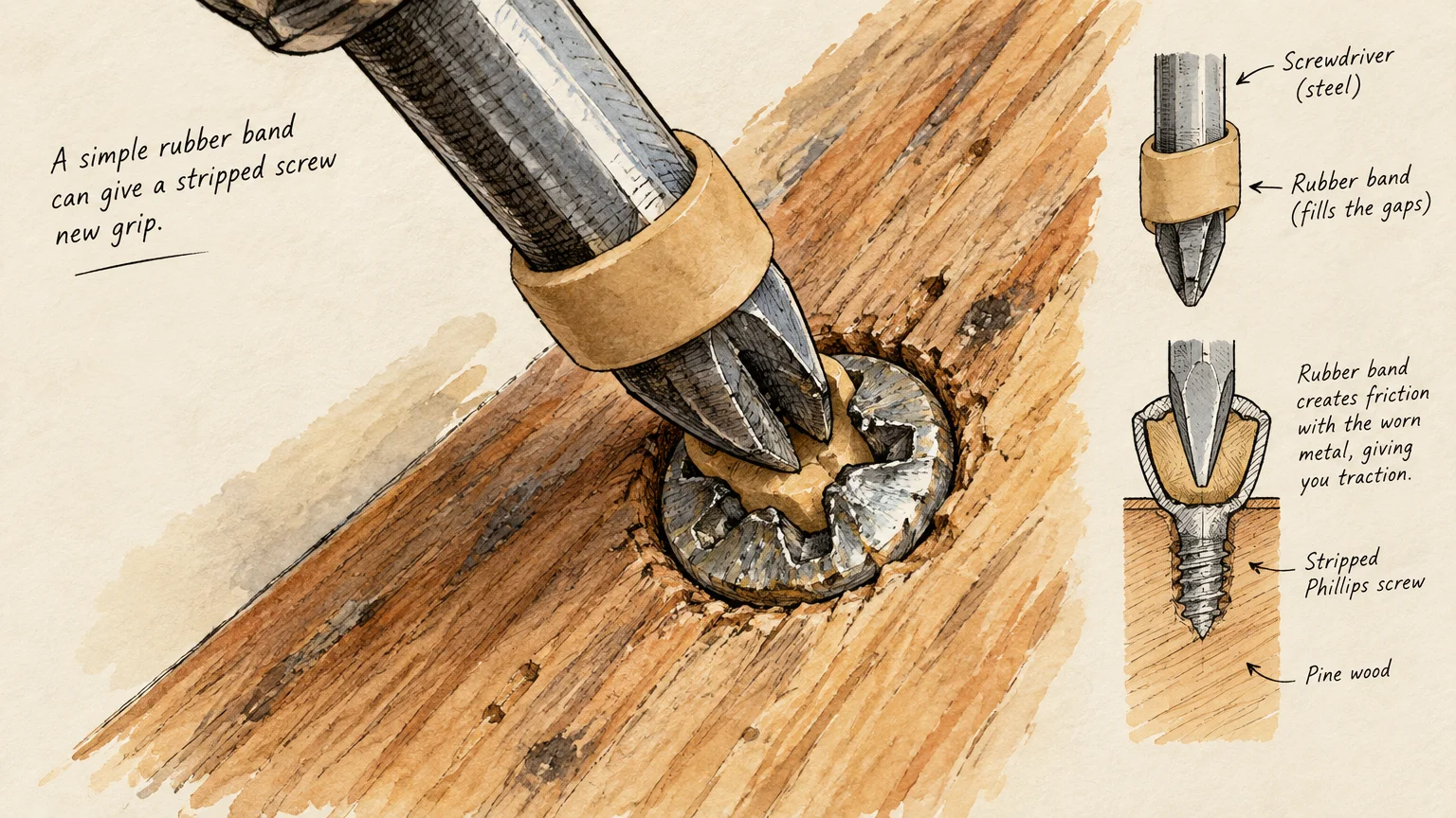 Illustrated diagram showing a screwdriver tip pressing a rubber band into a stripped screw head embedded in wood.