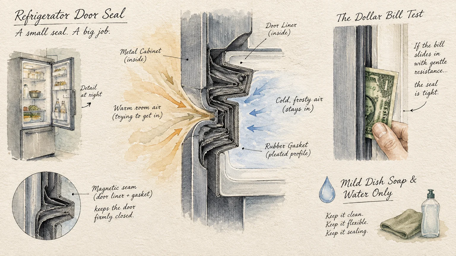 Illustrated diagrams of a refrigerator door gasket cross-section, a dollar bill seal test, and mild cleaning supplies.