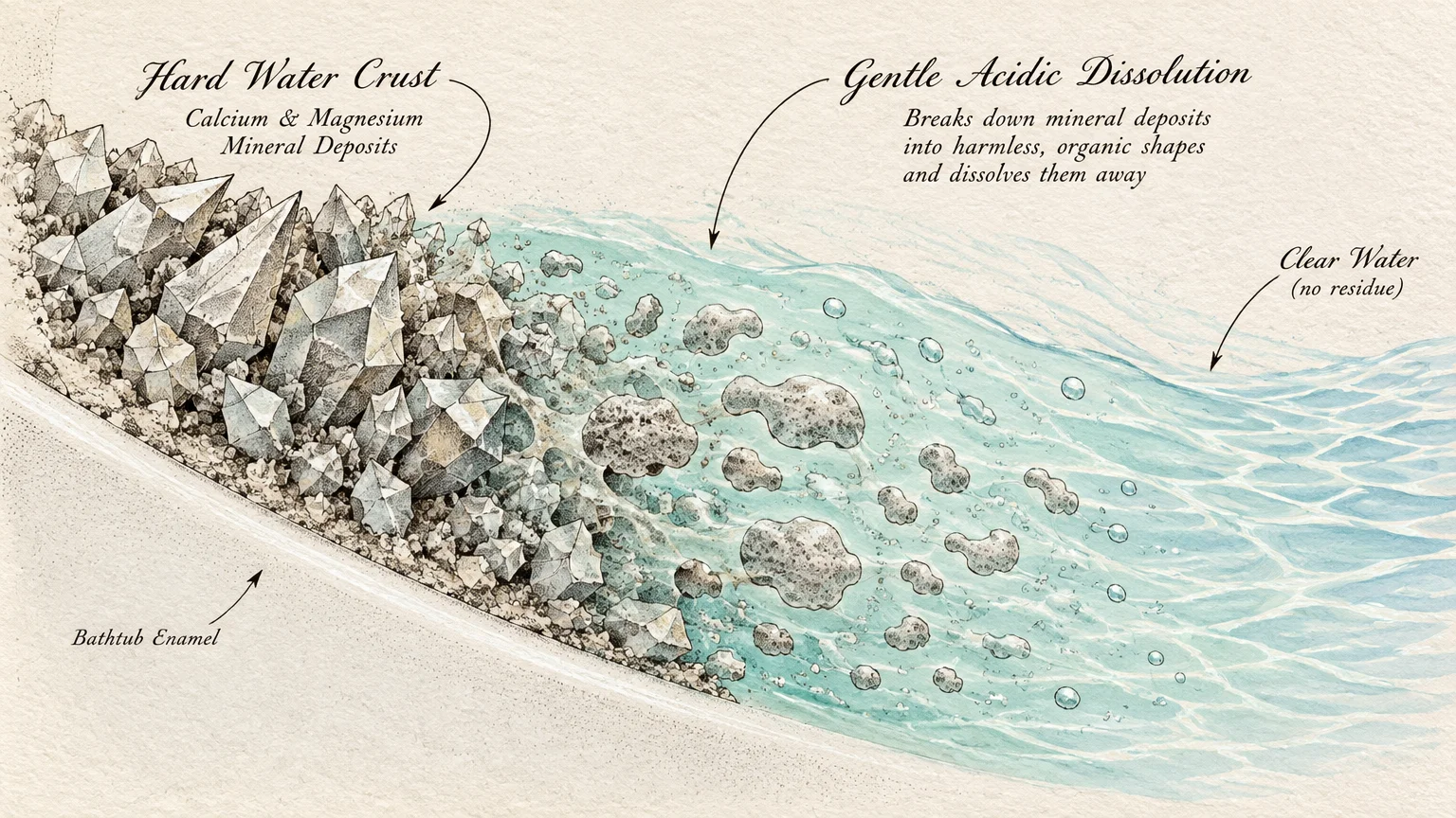 Diagram showing mineral crystals dissolving into water over bathtub enamel with labeled explanatory text.