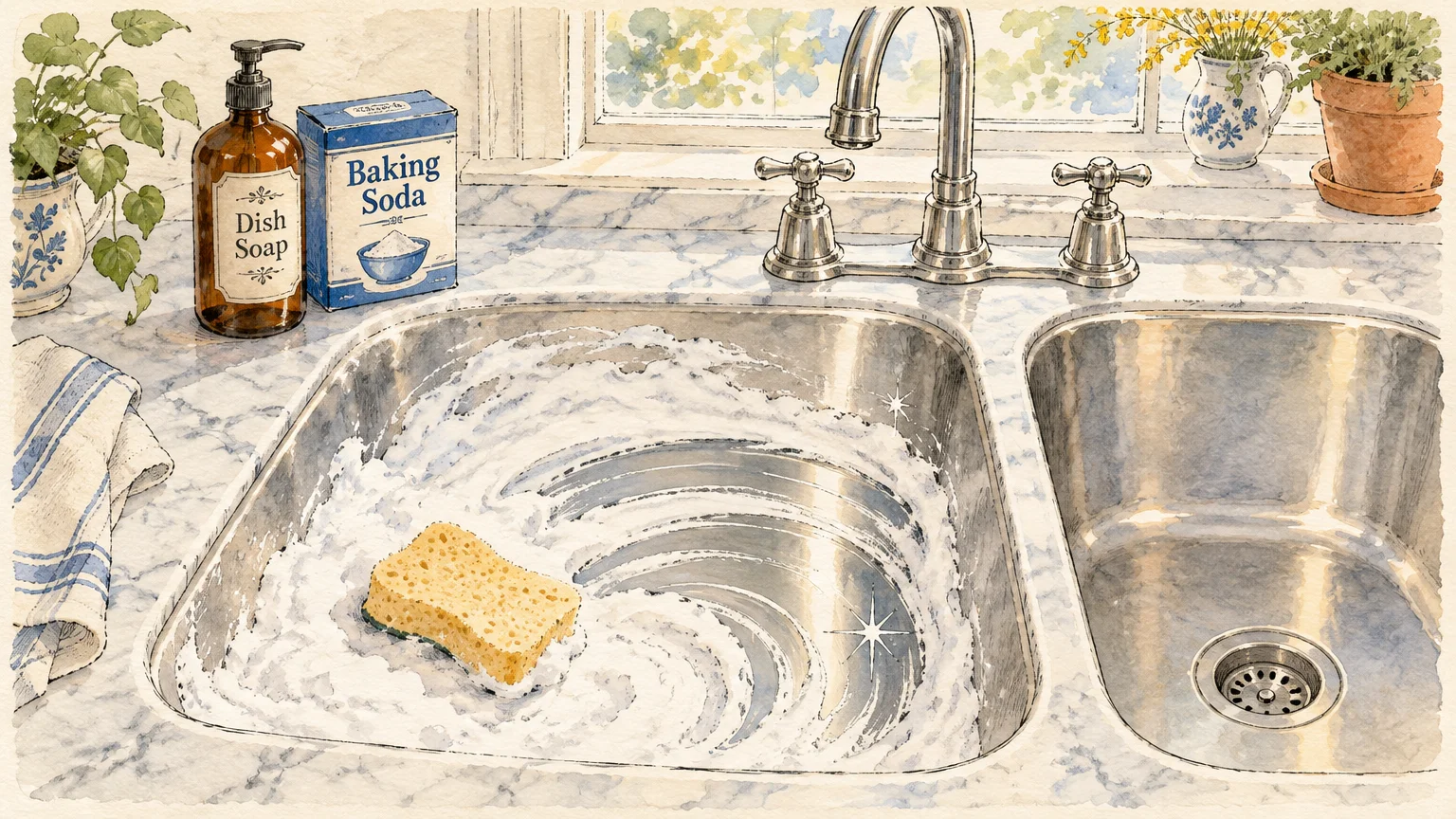 Watercolor illustration of a stainless steel kitchen sink scrubbed with suds, next to baking soda and dish soap.