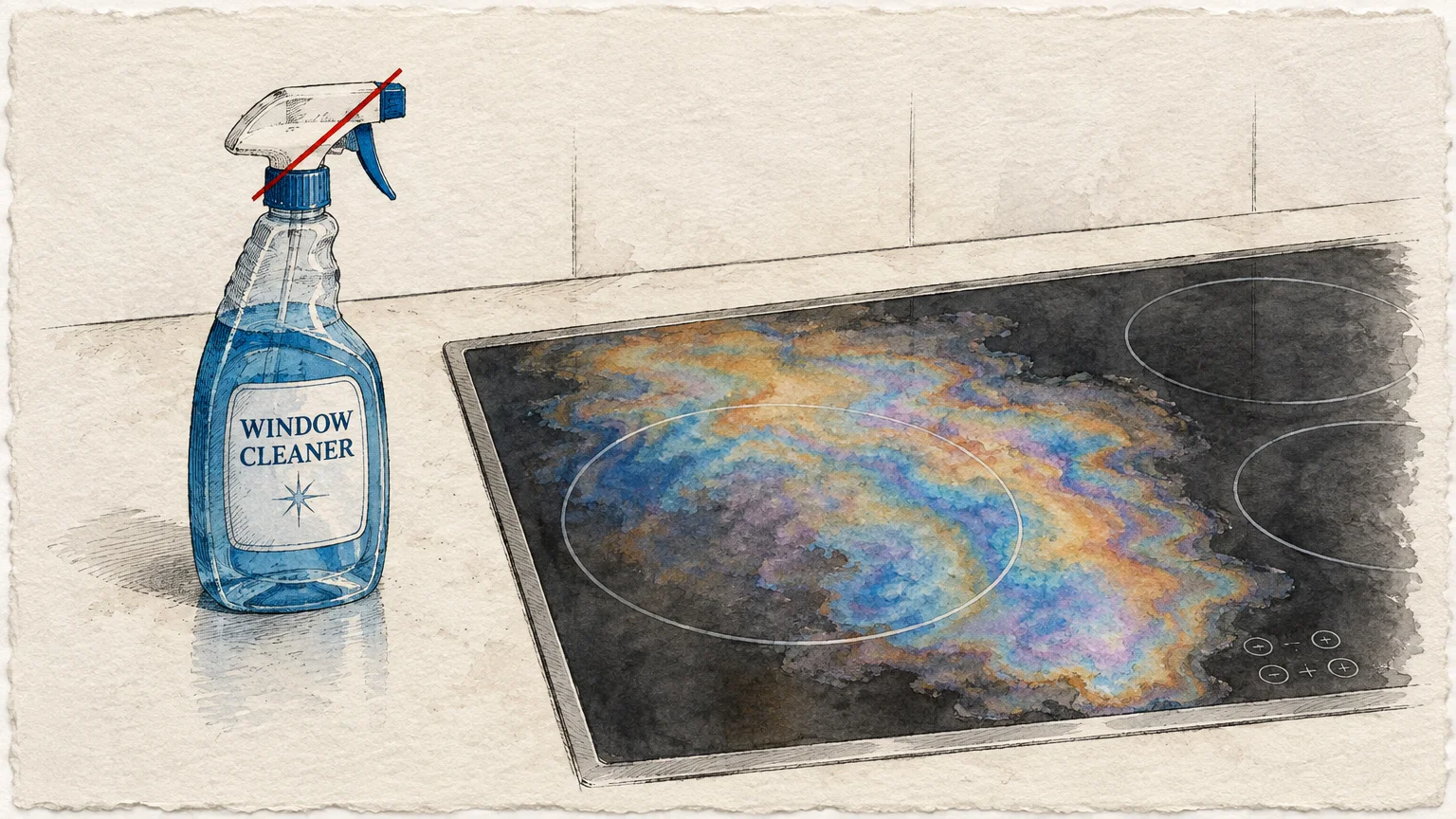 Watercolor illustration of a crossed-out spray bottle beside a glass cooktop stained with an iridescent rainbow film.