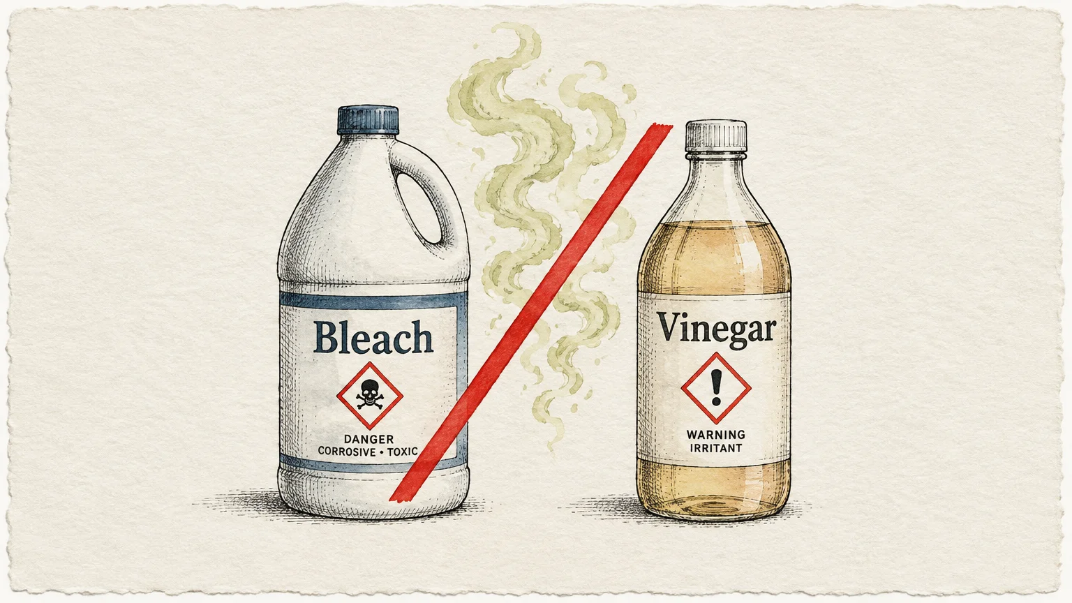 Illustration of bleach and vinegar bottles separated by a red slash, with yellow-green fumes rising between them.