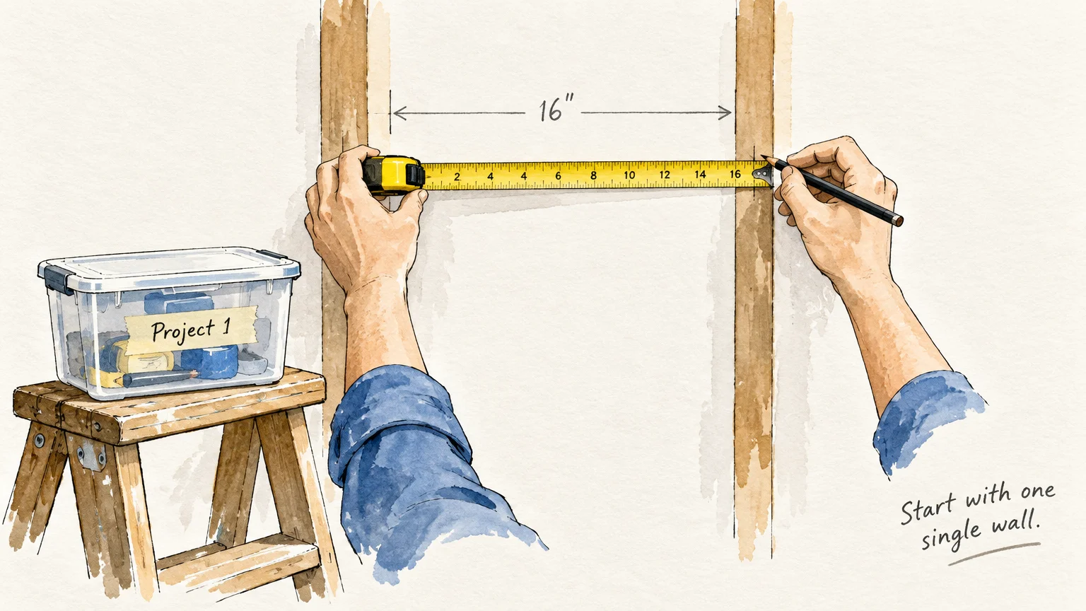 Watercolor illustration of hands measuring 16 inches between wall studs with a tape measure and pencil.