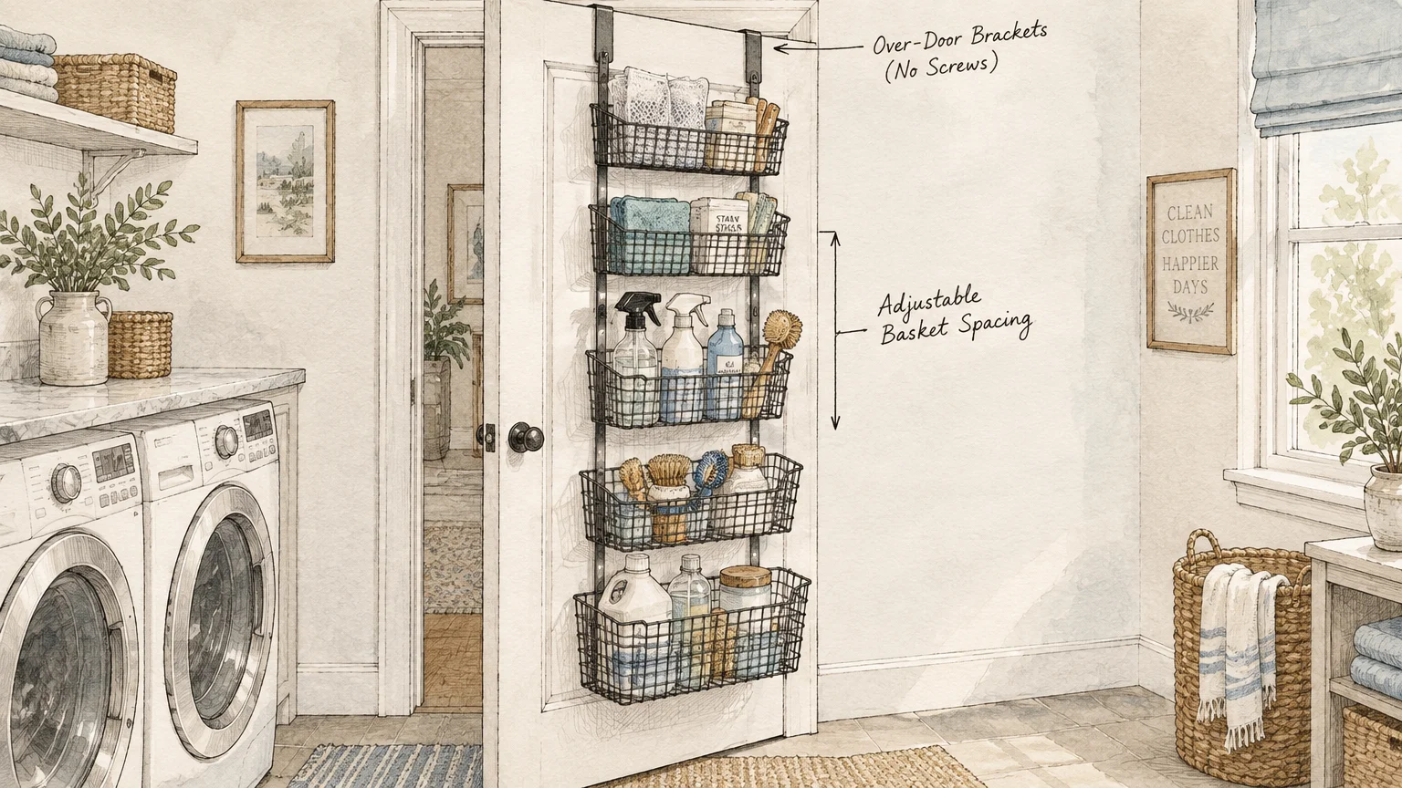 Illustration of a white laundry room door fitted with a five-tier wire basket organizer holding cleaning supplies.