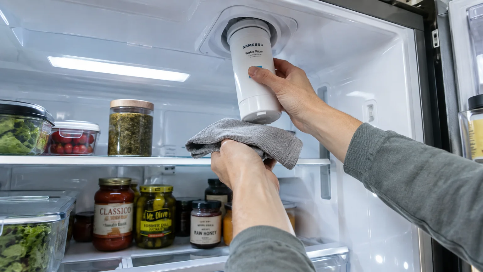Hands replacing a white cylindrical Samsung water filter inside an open refrigerator with a gray cloth underneath.