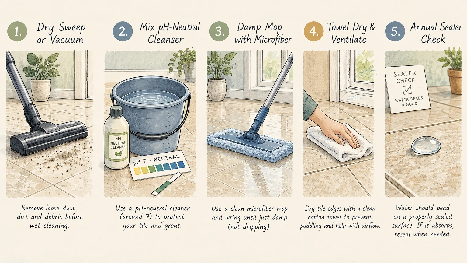 Five-panel illustration showing steps for cleaning tile floors: vacuuming, mixing solution, mopping, towel drying, and sealer testing.
