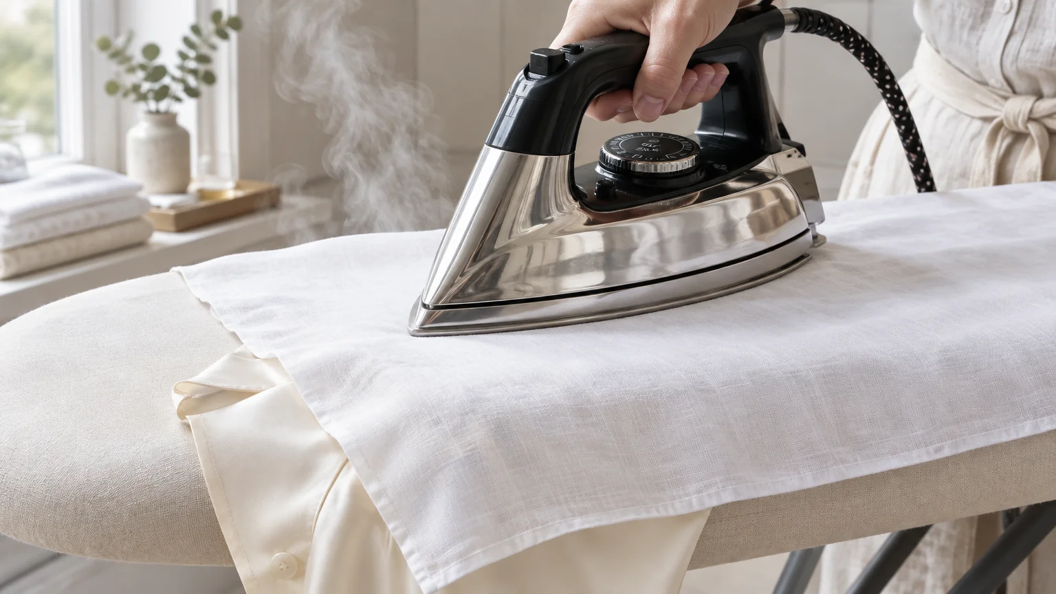 A hand holding a steaming iron over a white pressing cloth placed on top of a delicate garment on an ironing board.