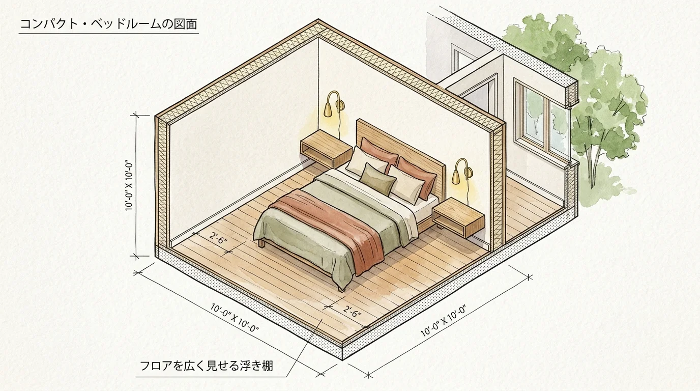 Isometric cutaway sketch of a 10x10 bedroom with a centered bed flanked by floating nightstands and wall sconces.