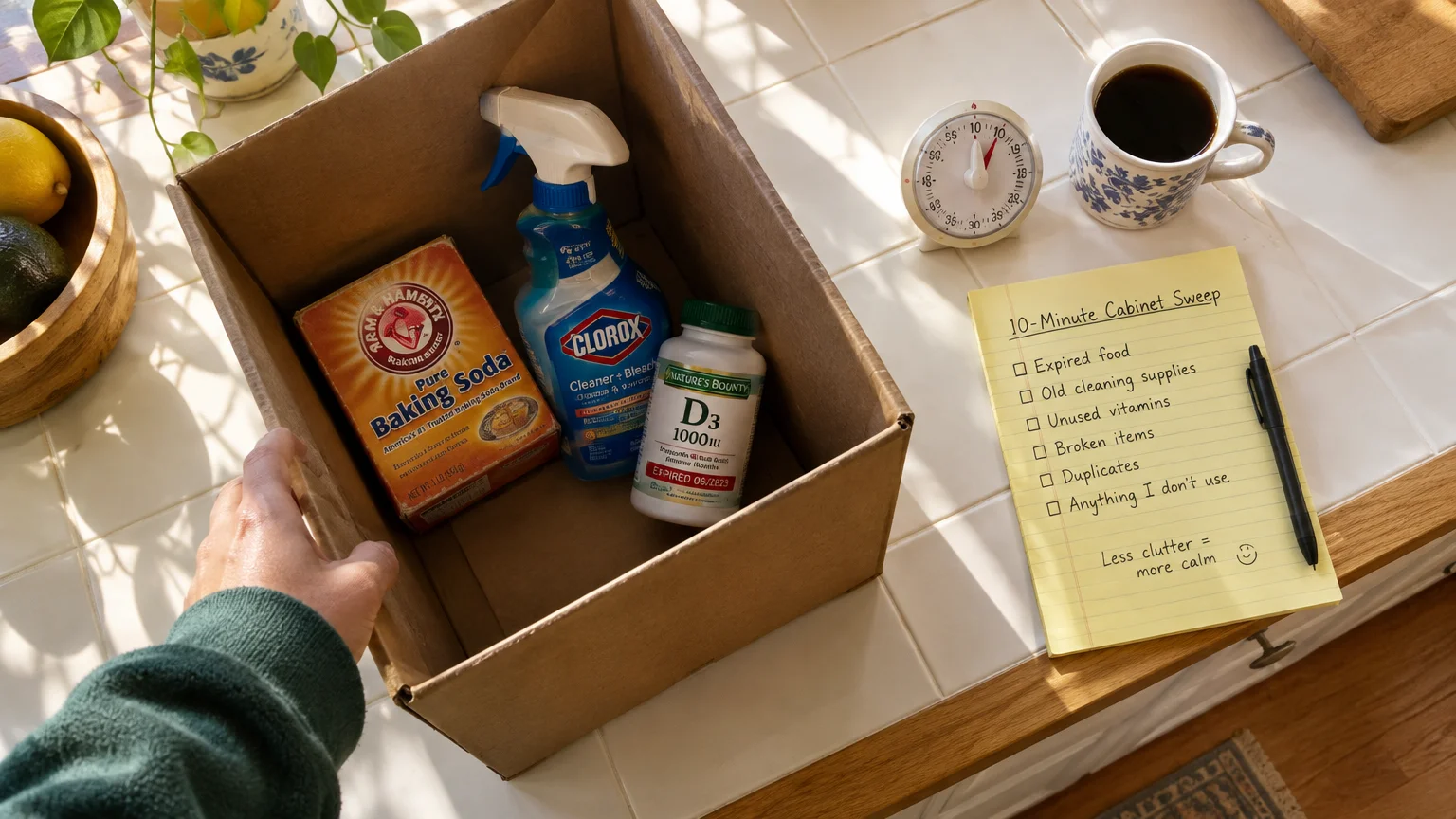 Cardboard box with baking soda, cleaner, and vitamin D3 beside a timer, coffee cup, and cabinet sweep checklist.