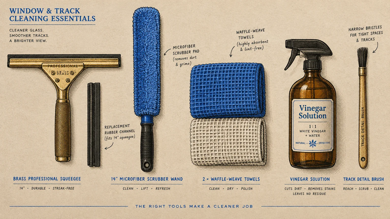 Illustration of window cleaning tools including a brass squeegee, microfiber scrubber, waffle-weave towels, and spray bottle.