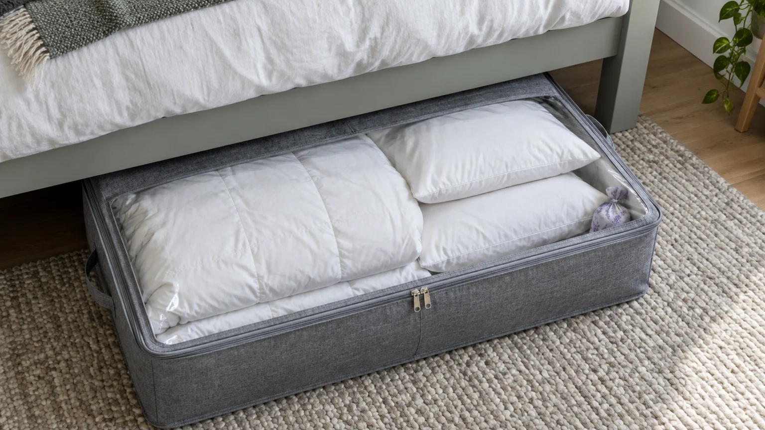 A grey fabric underbed storage container holding a folded white comforter and two pillows beneath a bed frame.