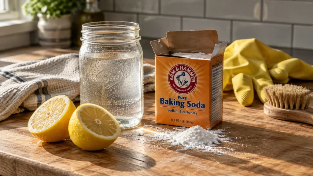 Box of baking soda, jar of vinegar, lemon halves, scrub brush, and rubber gloves on a wooden counter.