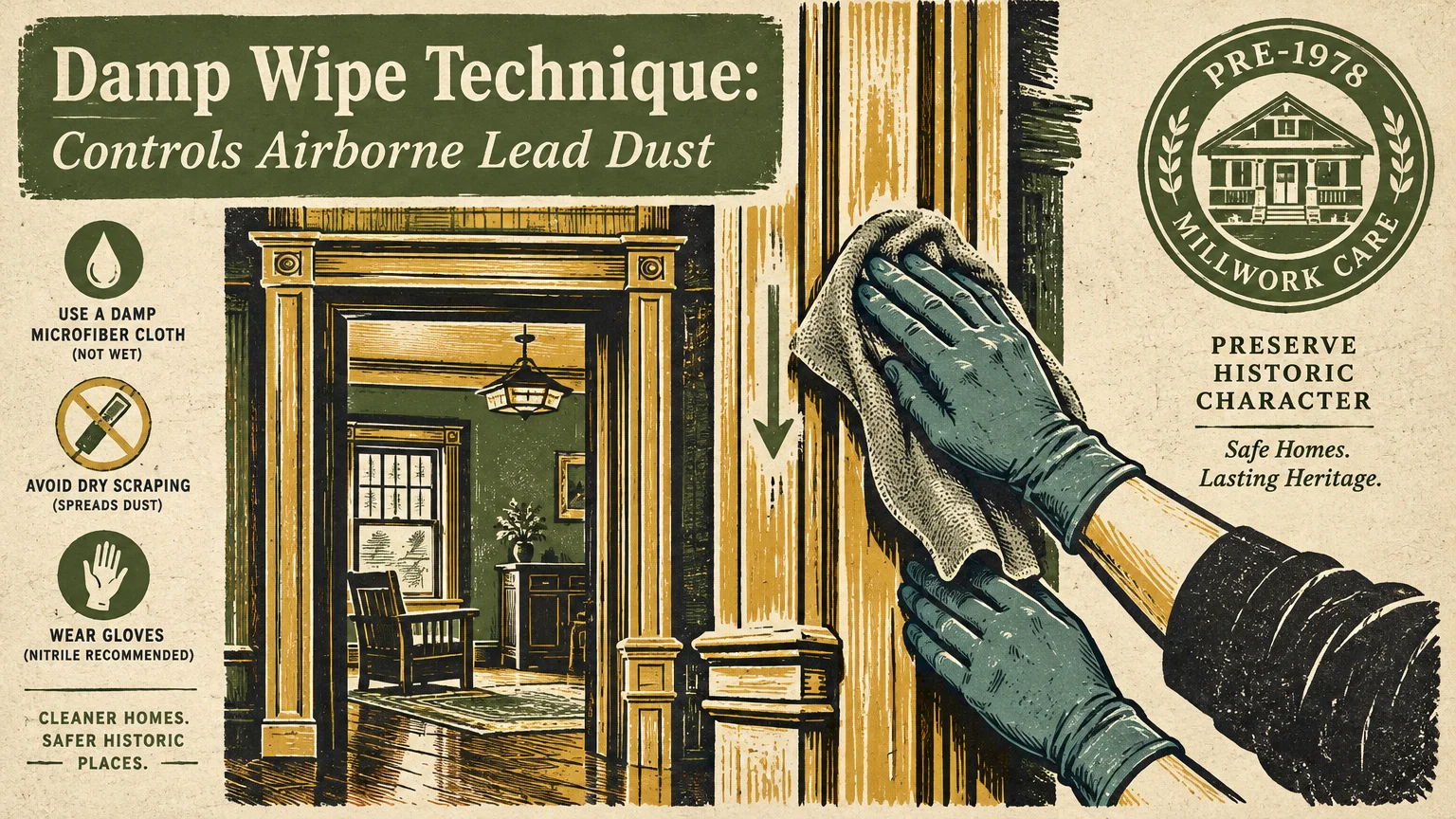 Infographic showing gloved hands wiping wooden door trim with a cloth alongside lead safety cleaning tips.
