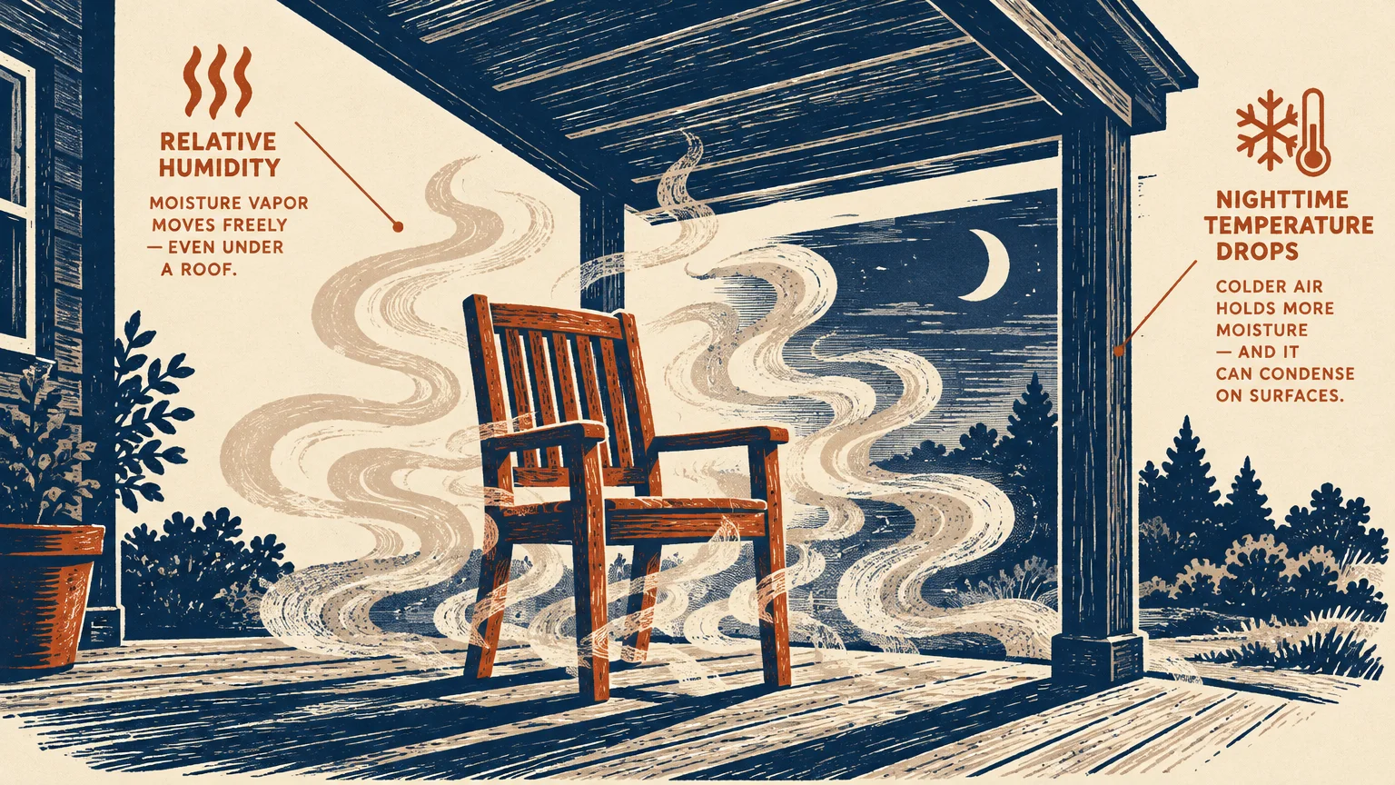 Illustration of a wooden chair on a porch at night surrounded by vapor, with diagrams explaining humidity and temperature.