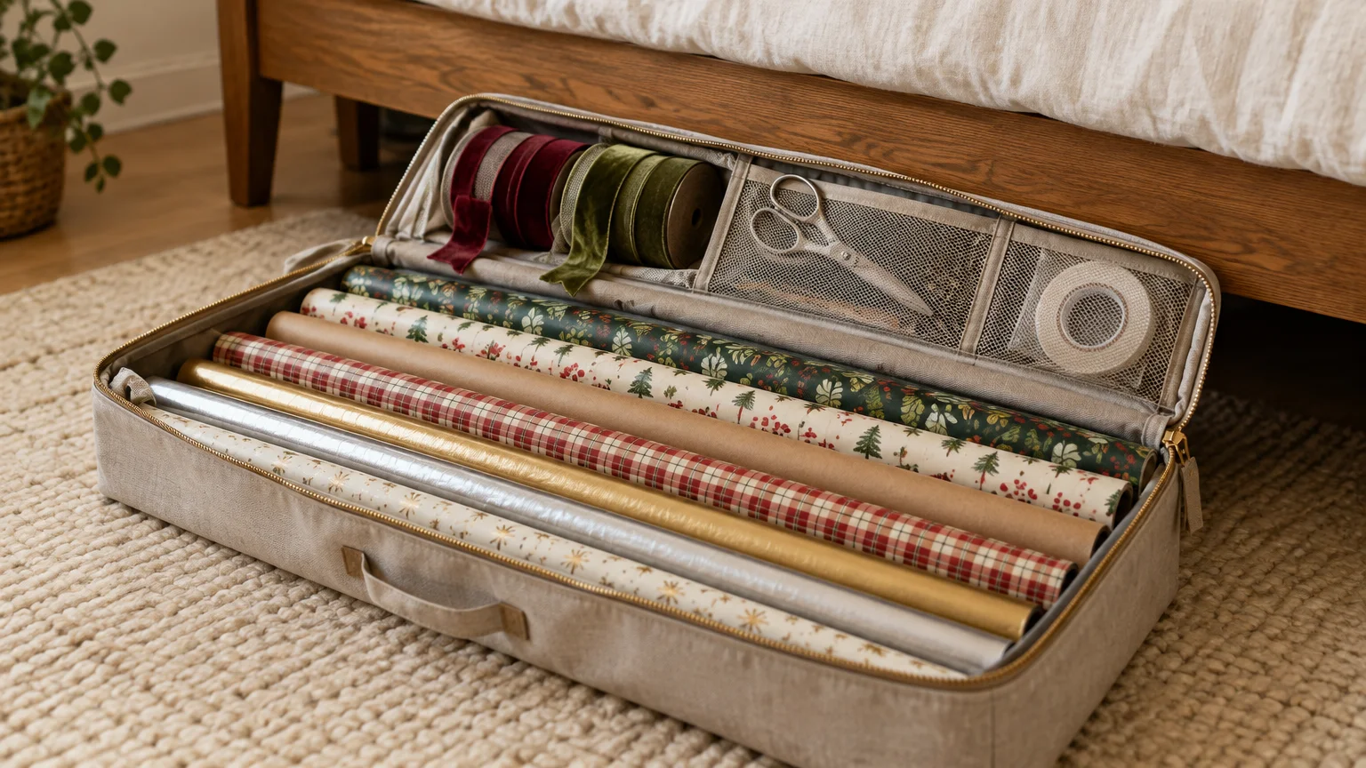 Open zippered organizer under a bed filled with wrapping paper rolls, velvet ribbons, scissors, and tape.