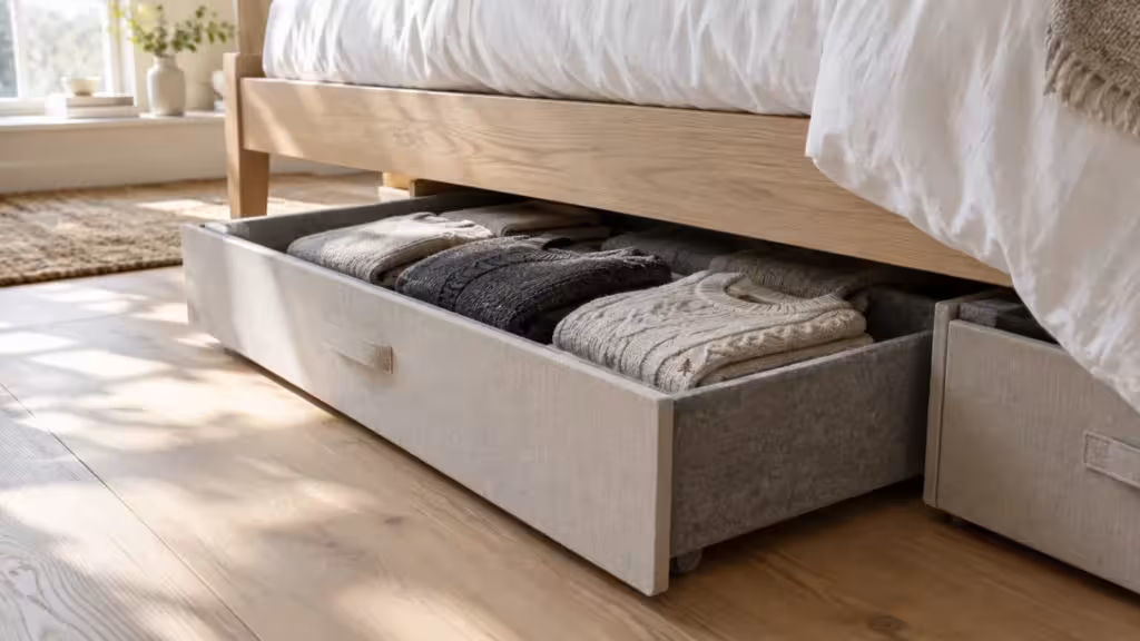 A fabric storage drawer filled with folded knit sweaters rolled out from beneath a light wood bed frame.