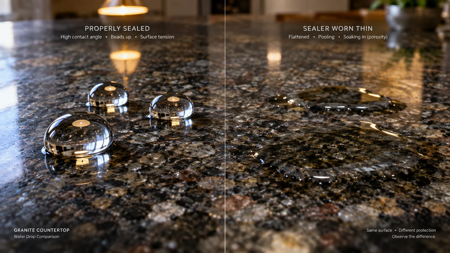 Side-by-side comparison of water droplets beading tightly on sealed granite versus flattened puddles on worn stone.