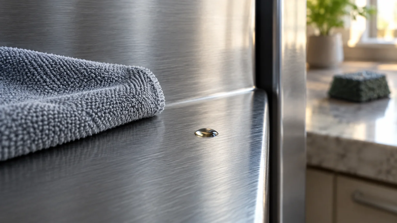 Close-up of a grey microfiber cloth and a water droplet resting on a clean, brushed stainless steel appliance edge.