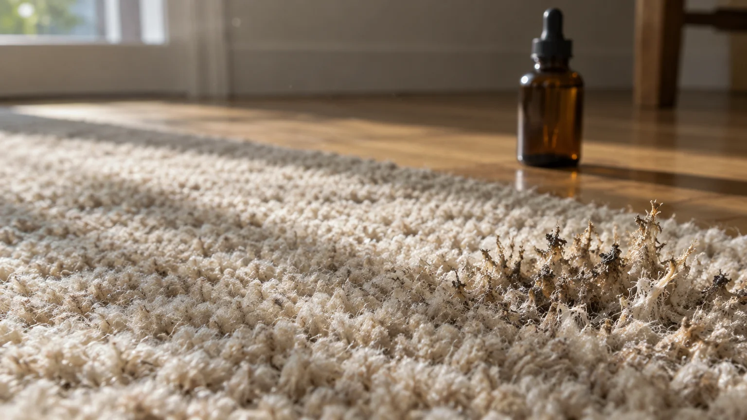 Scorched, charred fibers on the edge of a cream shag rug with an amber dropper bottle resting on the floor nearby.