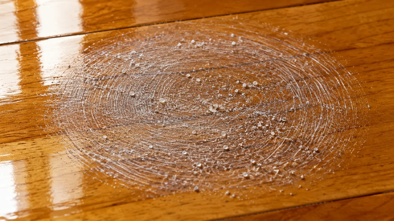 Circular patch of fine white scratches and mineral powder rubbed into a glossy wooden floor finish.