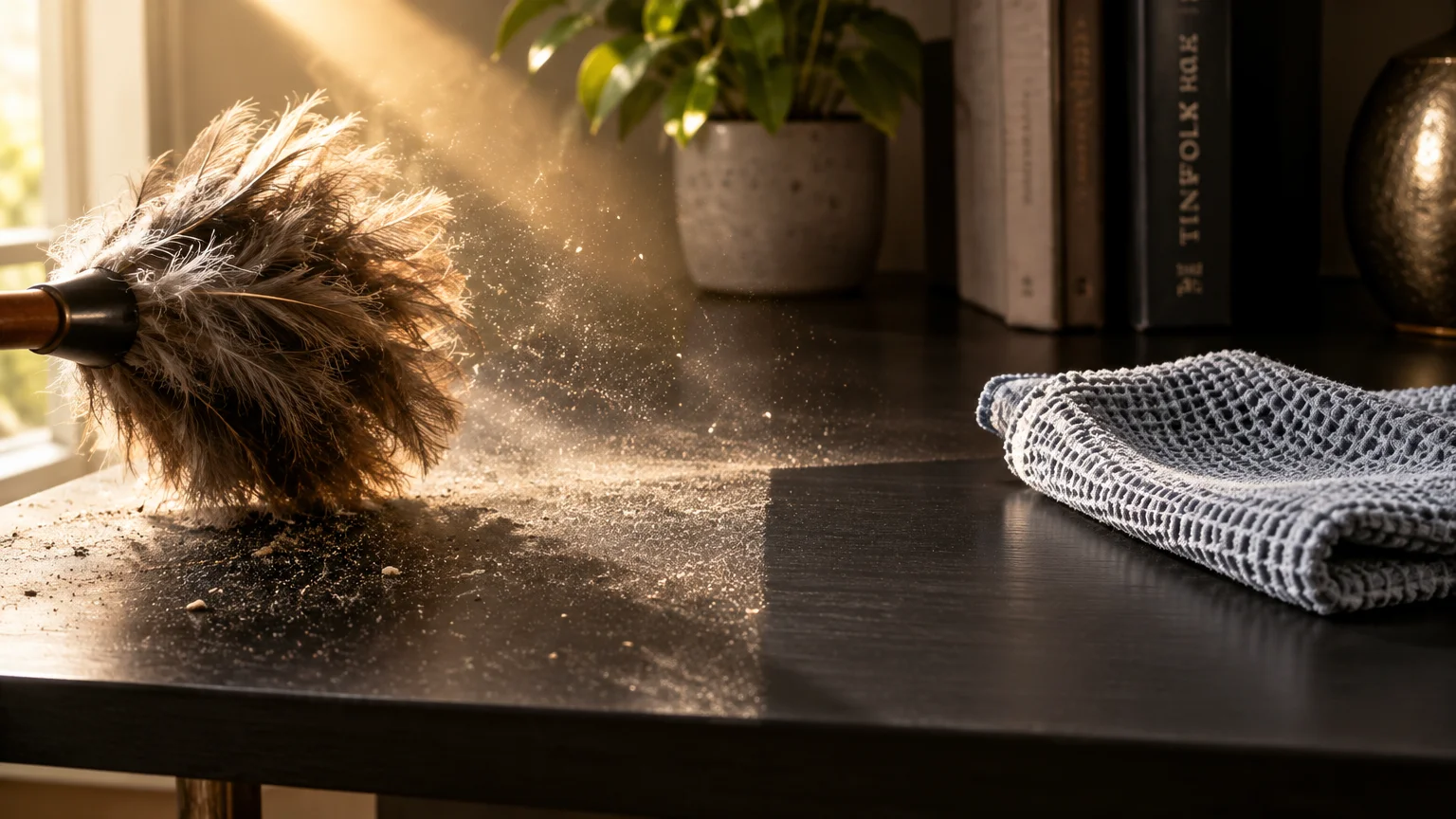 A feather duster scatters dust particles in sunlight across a dark wooden table next to a folded cleaning cloth.