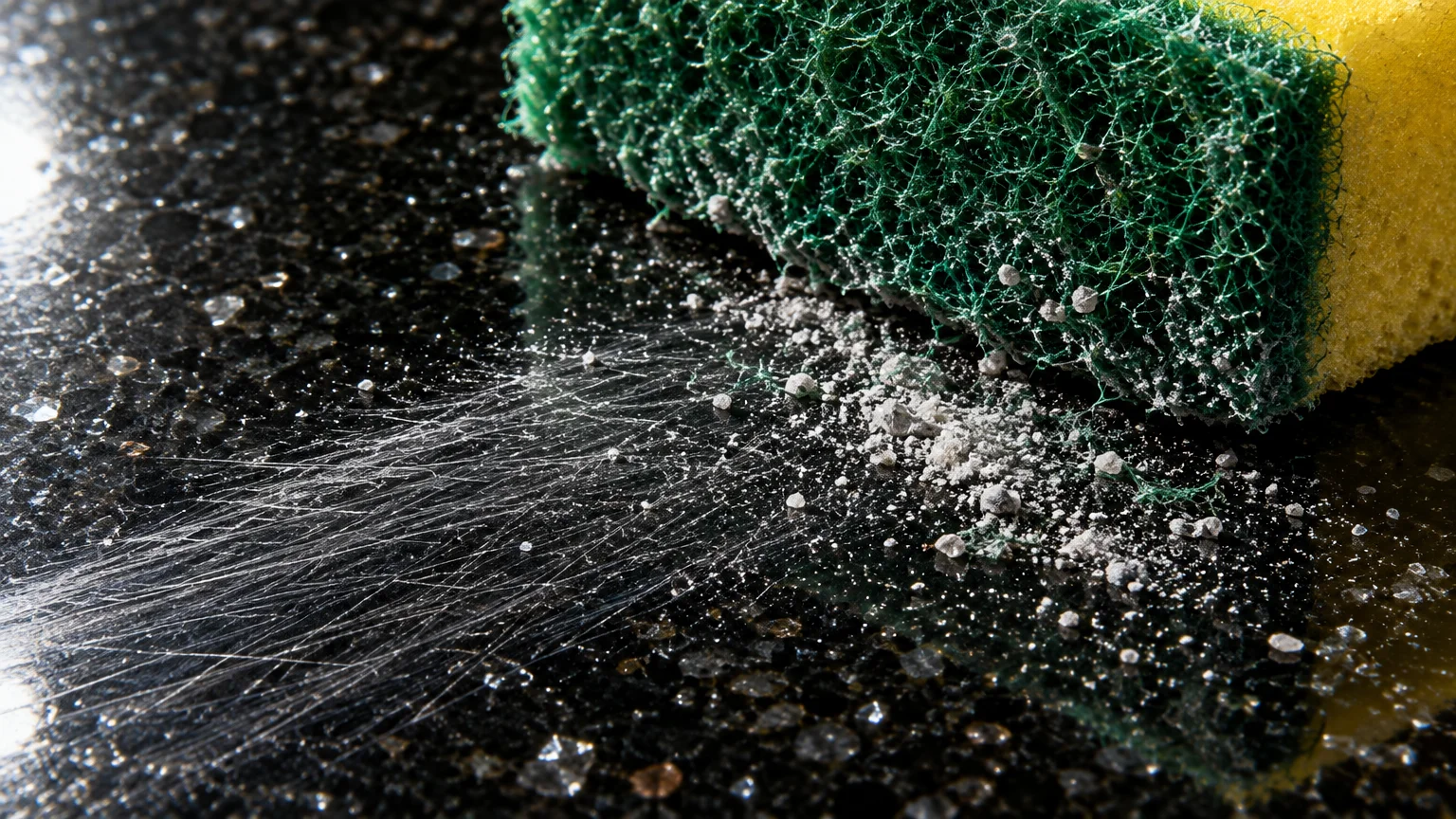 A green scouring sponge scratching a shiny black countertop, leaving visible scratches and gray powder residue.