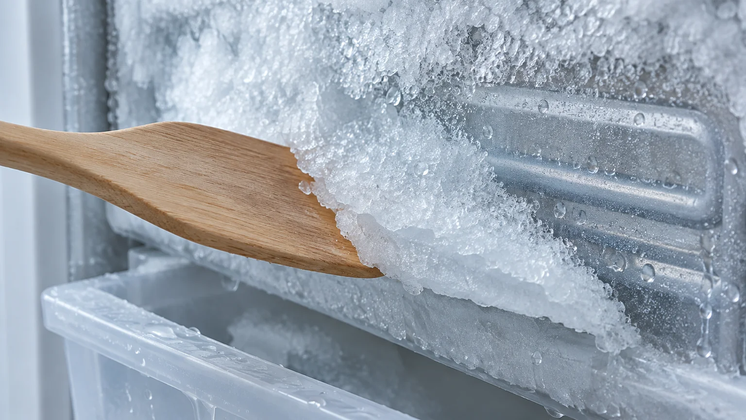 A wooden spatula scraping a sheet of thick frost and ice from the metal interior wall of a freezer.