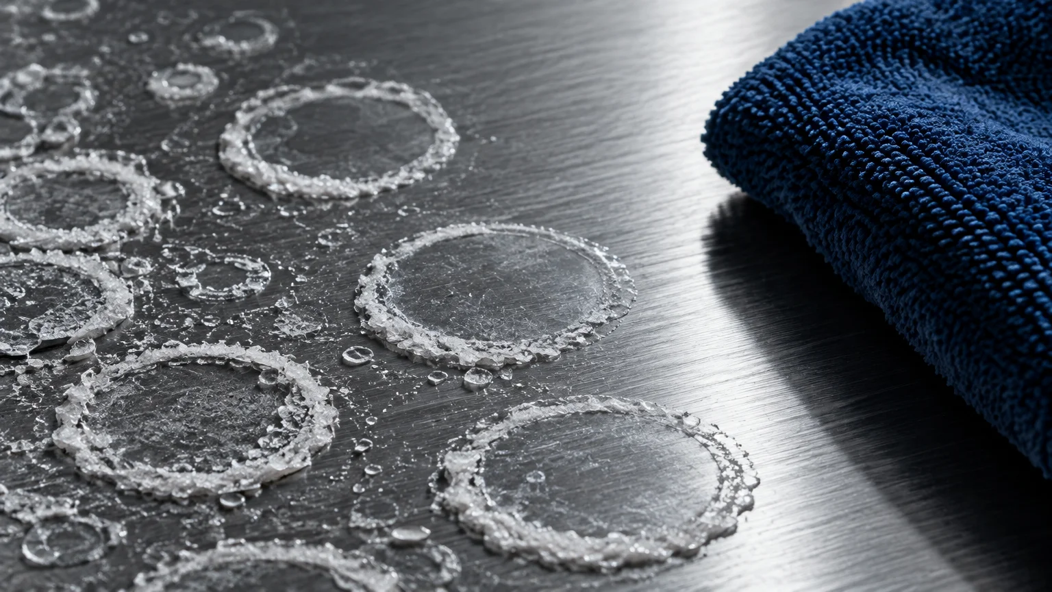 Dried white mineral water rings on a stainless steel surface next to a folded blue microfiber towel.