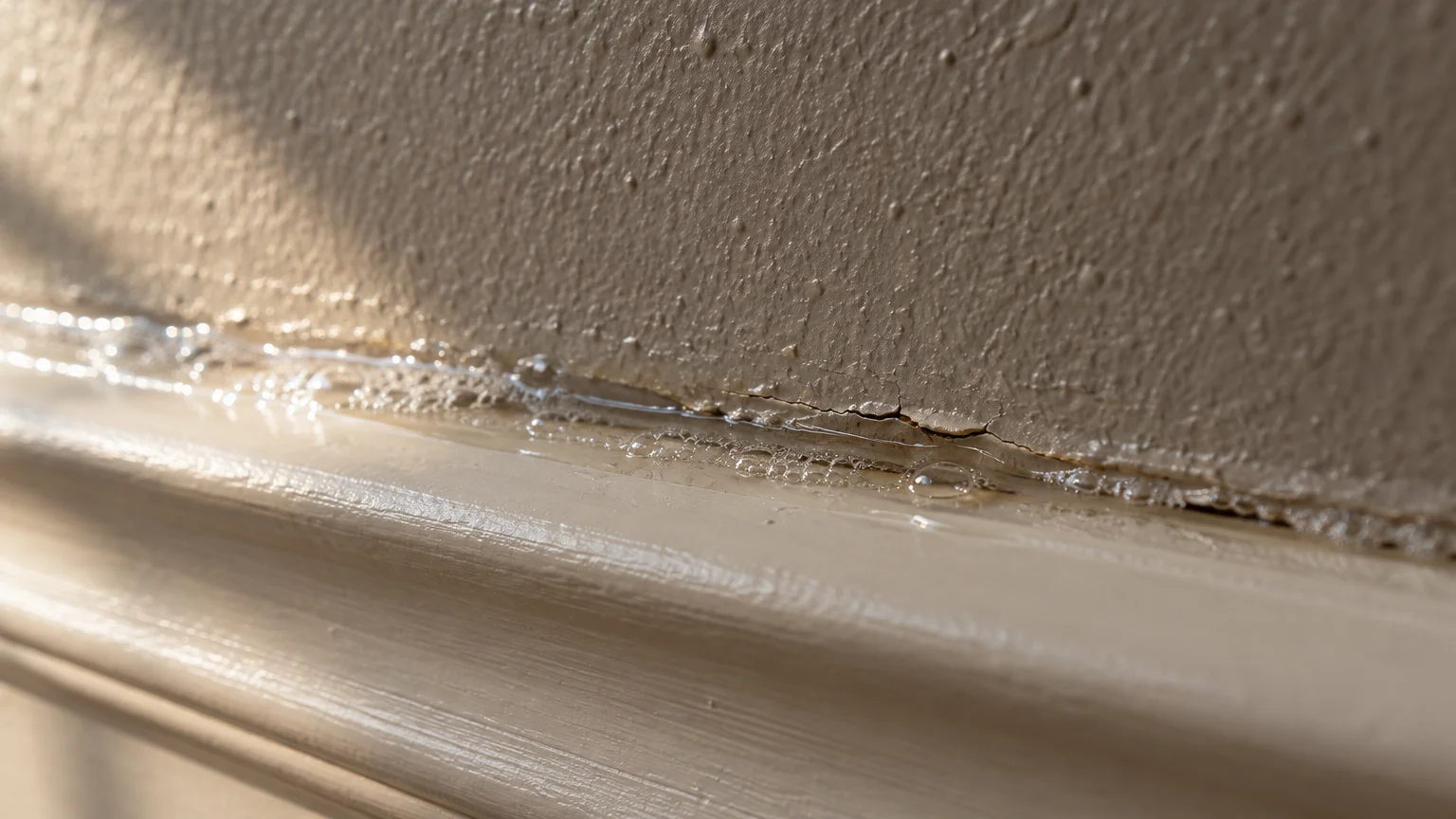 Soapy liquid pooling along the top edge of painted baseboard trim against a textured beige wall with cracked paint.