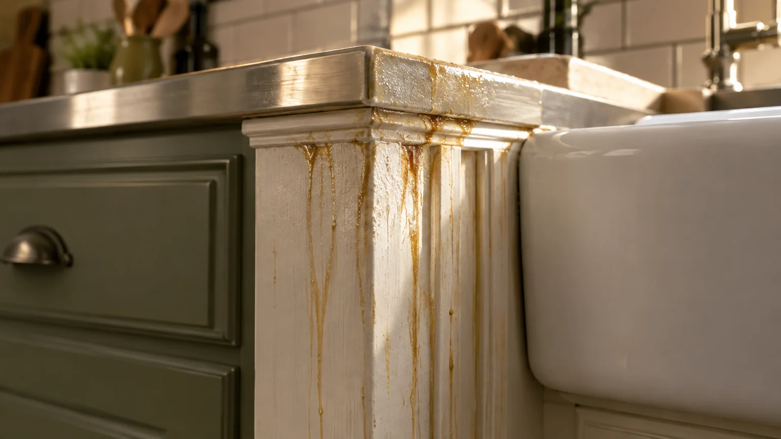 Thick, amber liquid dripping down white fluted kitchen cabinetry trim beside an apron-front sink and steel countertop.
