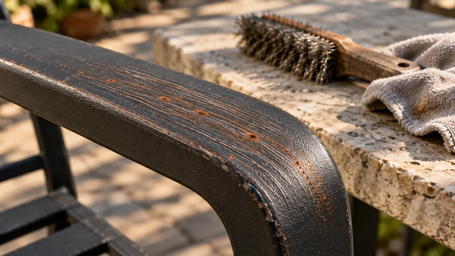 Scratched black metal chair armrest with rust forming along gouges, beside a wire brush and rag on a stone table.