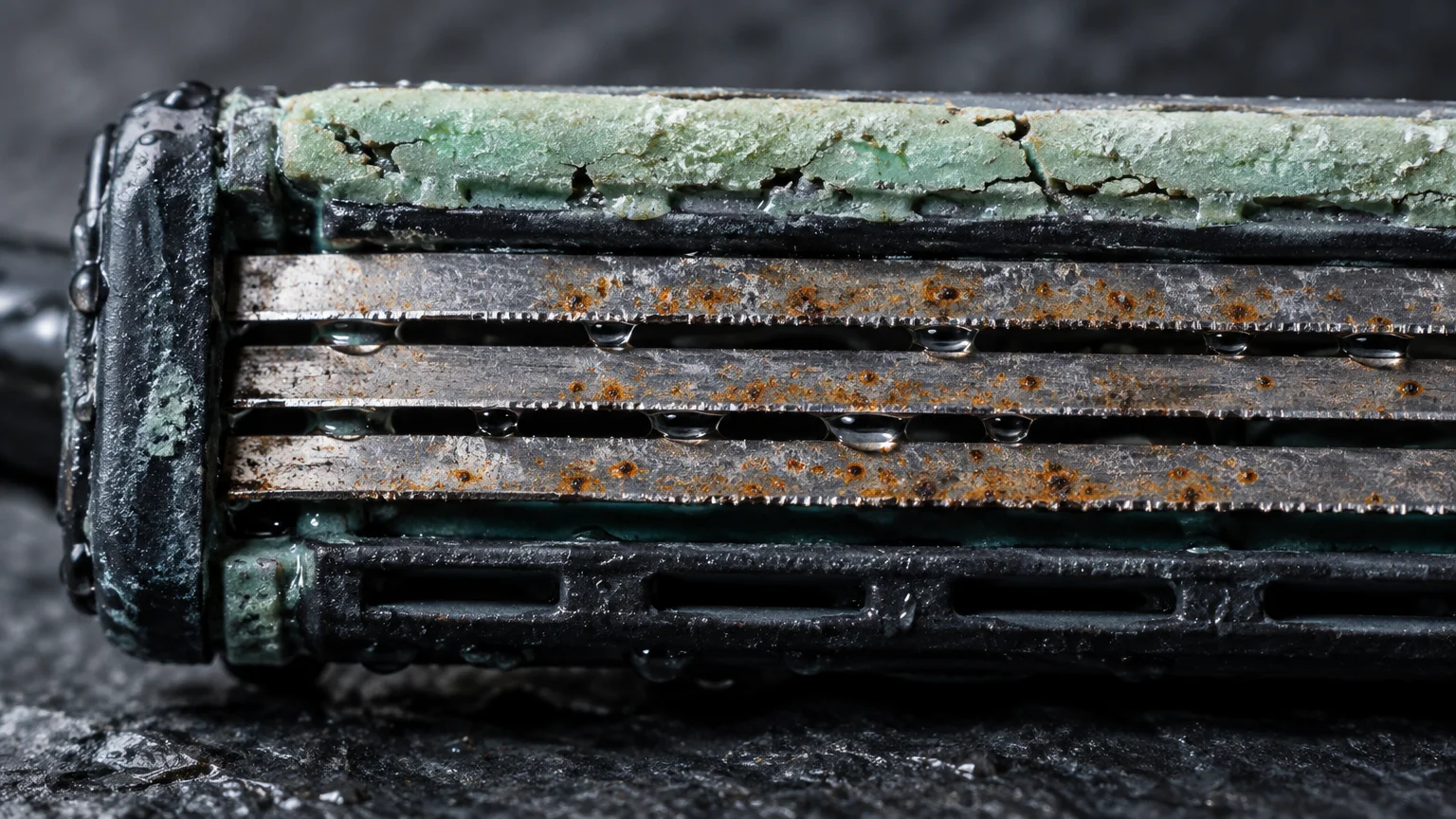 Extreme close-up of a wet razor cartridge showing rusted, jagged metal blades and a degraded green moisture strip.