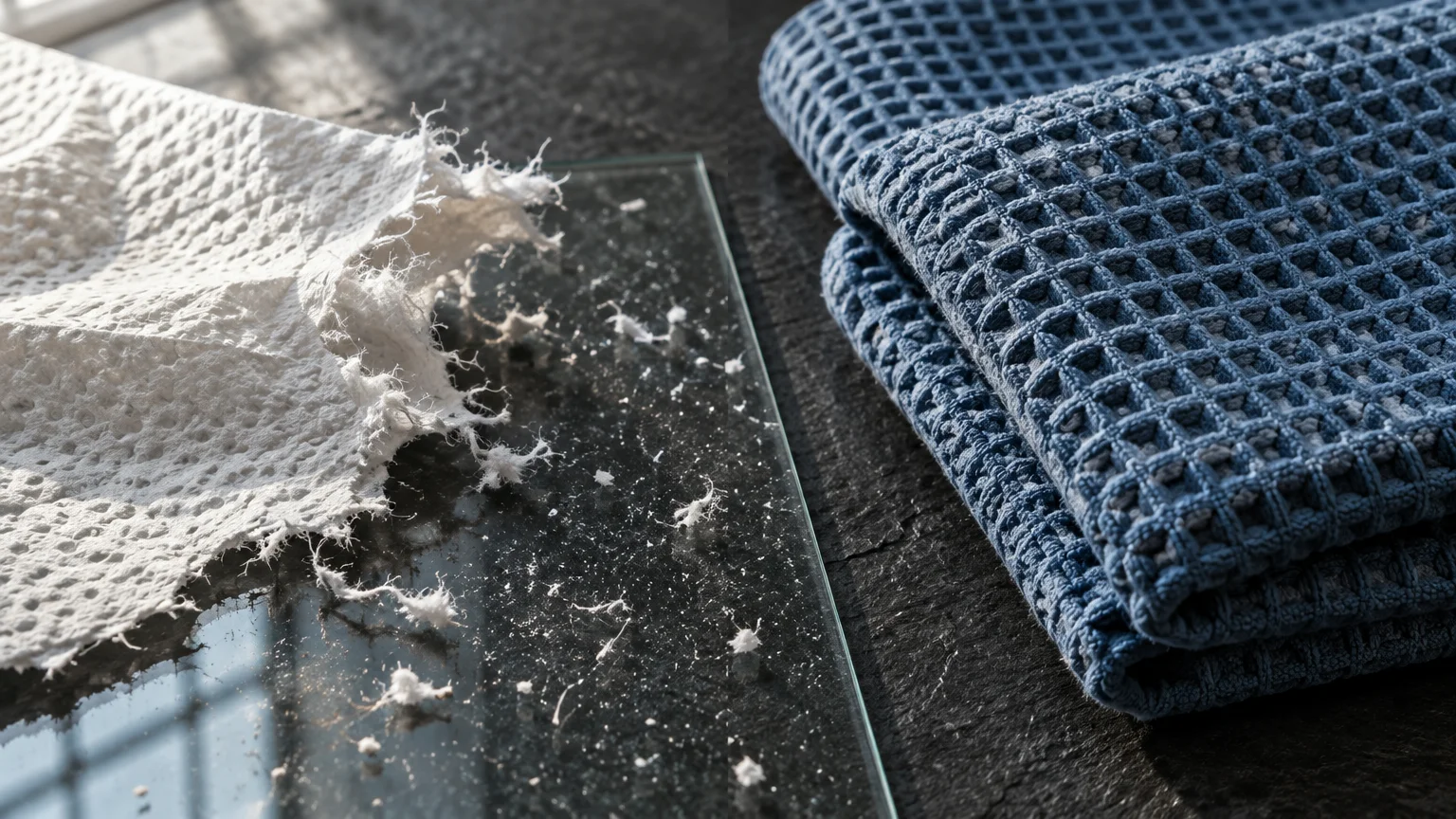 Frayed paper towel leaving white lint on a glass pane next to a folded blue waffle-weave microfiber cloth.