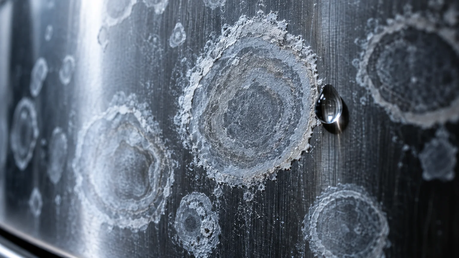 Close-up of chalky, ringed mineral deposits and a single water droplet on a brushed stainless steel surface.