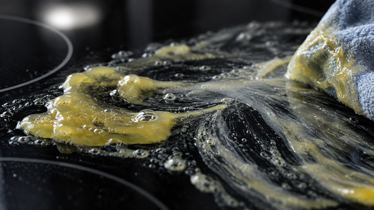 Thick yellow liquid soap smeared across a black glass stovetop with a blue microfiber cloth.