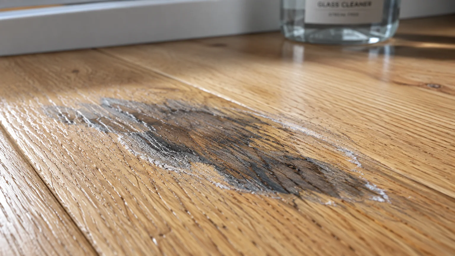A dark grey, eroded chemical stain on a light oak wood plank floor next to a glass cleaner bottle.